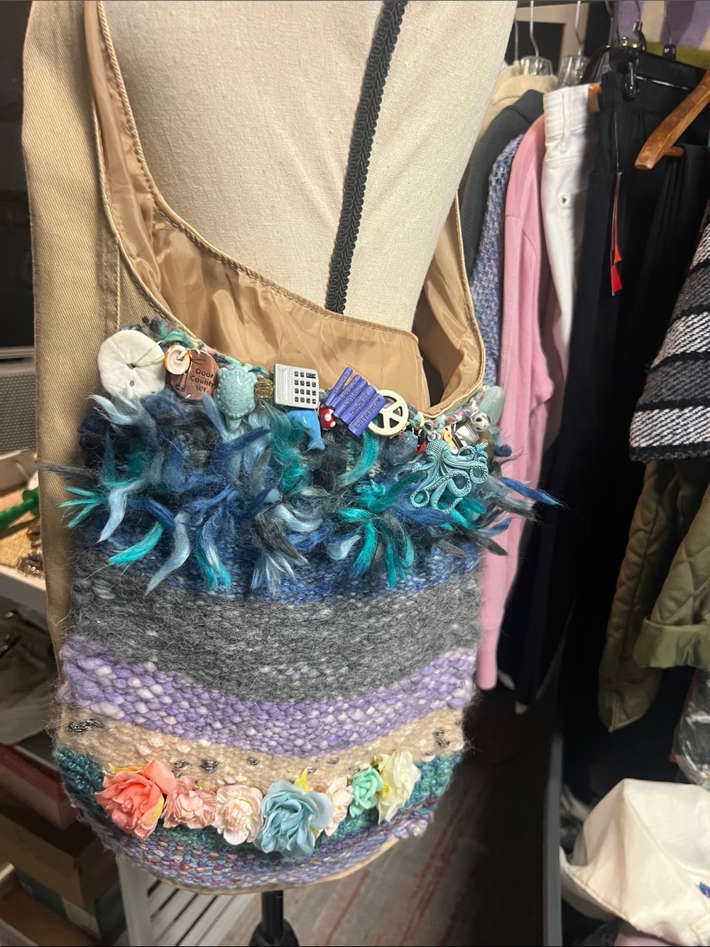 Super Koooool Handmade Multicolor Knit Shoulder Bag with Floral Accents